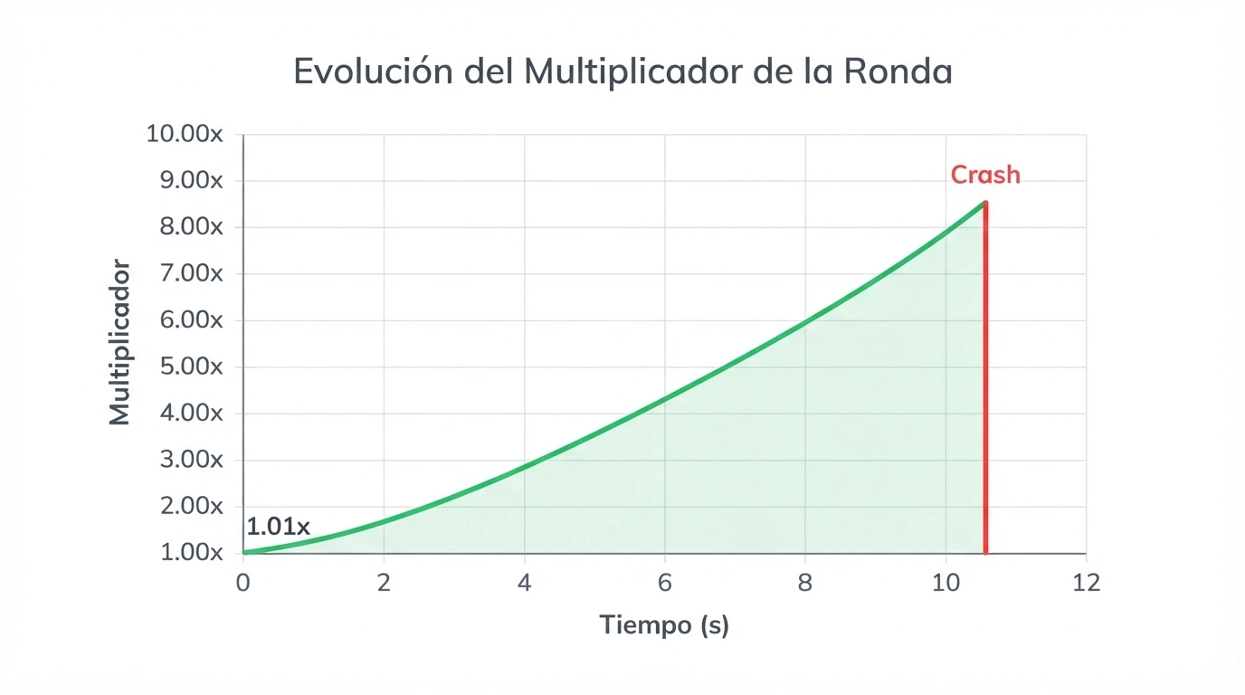 Gráfico de línea mostrando la evolución del multiplicador de Aviator con el punto de crash marcado
