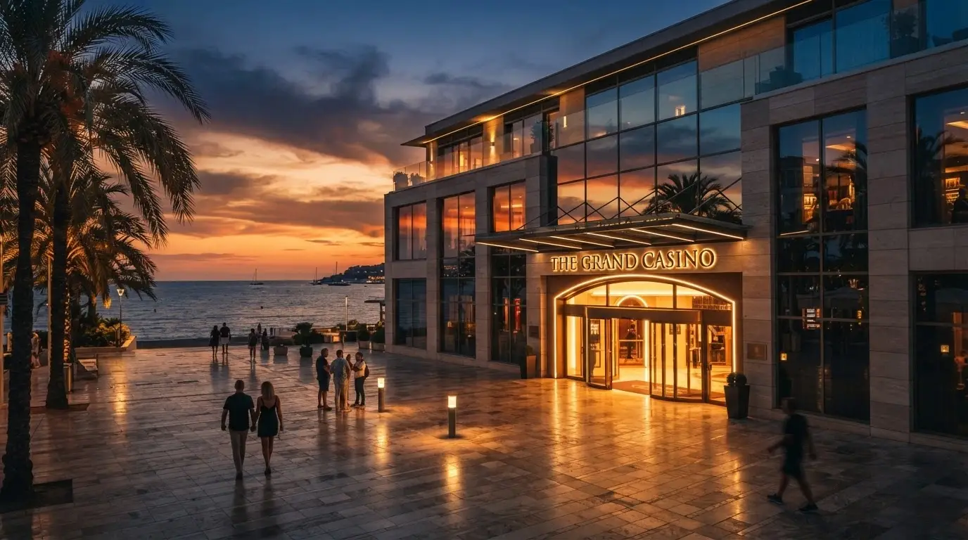 Fachada del Gran Casino de Barcelona junto al mar en el Port Olímpic, con la entrada principal visible