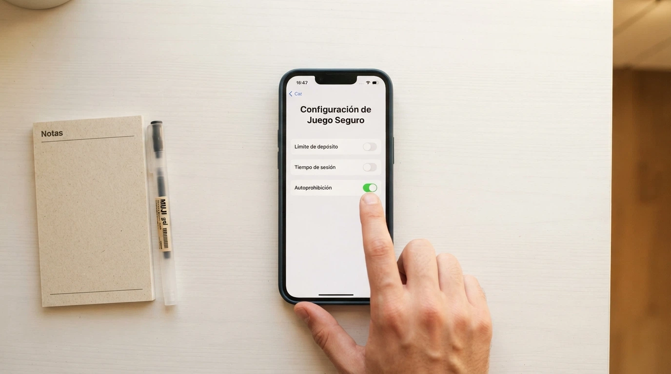 Una pantalla de configuración con interruptores de límites de depósito, tiempo de sesión y autoprohibición, en idioma español