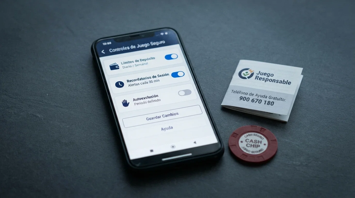 Iconos de límites de depósito, autoexclusión y teléfono de ayuda en interfaz de casino