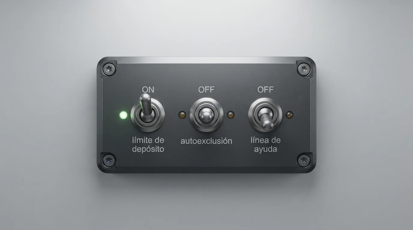 Un panel de control con tres interruptores etiquetados «límite de depósito», «autoexclusión» y «línea de ayuda», con el primero en posición de encendido