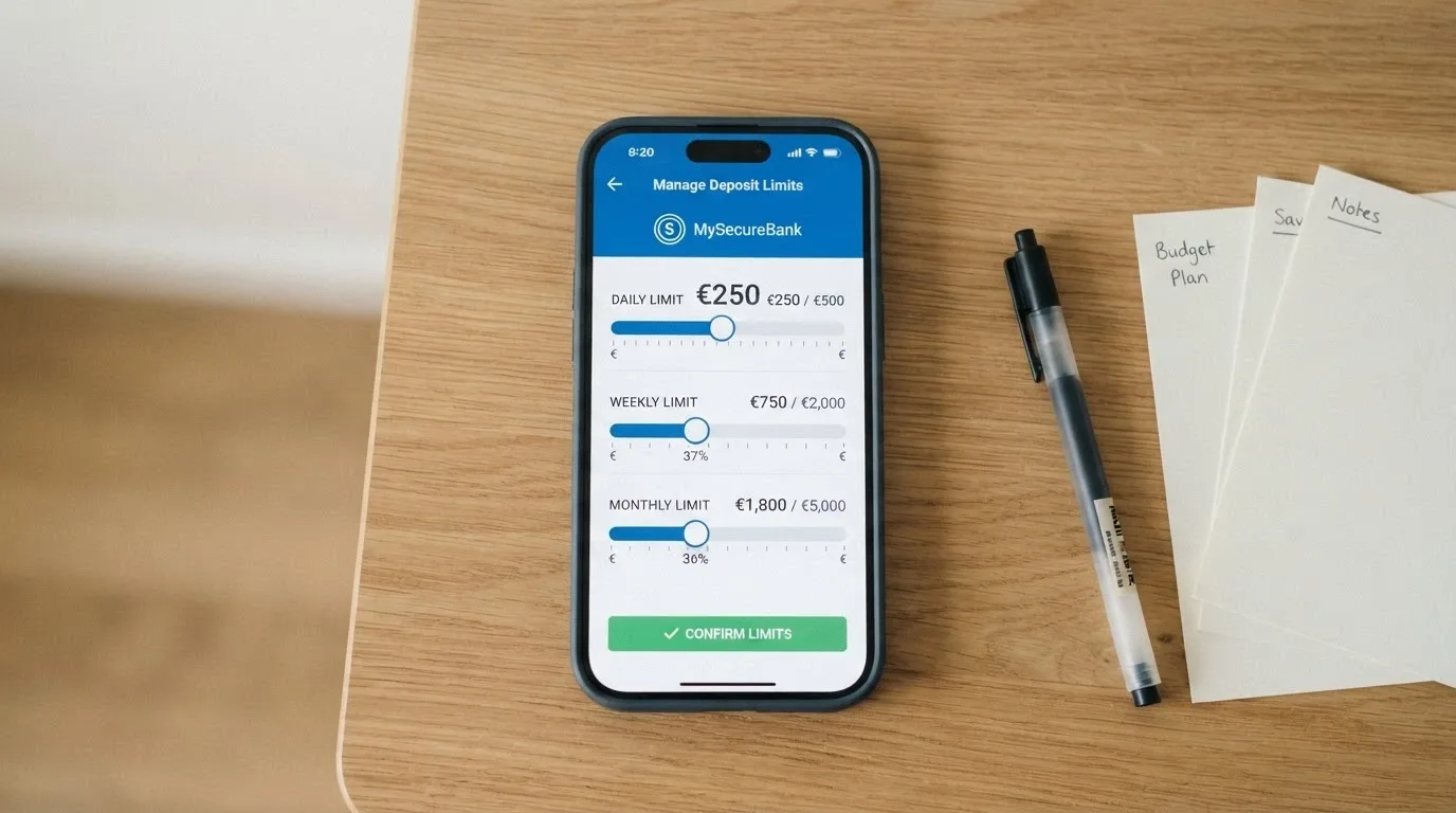 Un teléfono móvil con la pantalla mostrando la interfaz de límites de depósito de un casino online español, con los controles de límite diario, semanal y mensual visibles