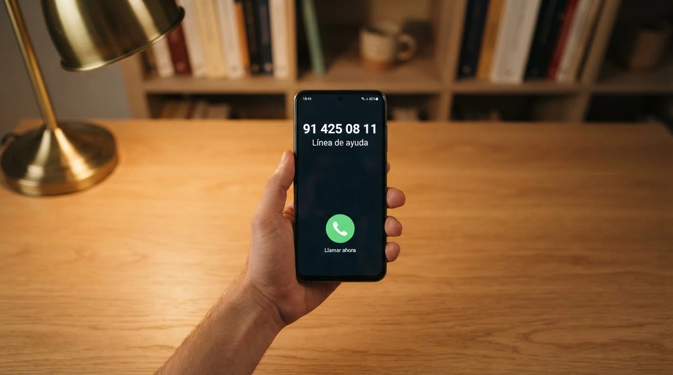 Un teléfono móvil con la pantalla mostrando el número 91 425 08 11 (DGOJ interdicciones) junto a un teclado con la tecla de llamada iluminada en verde