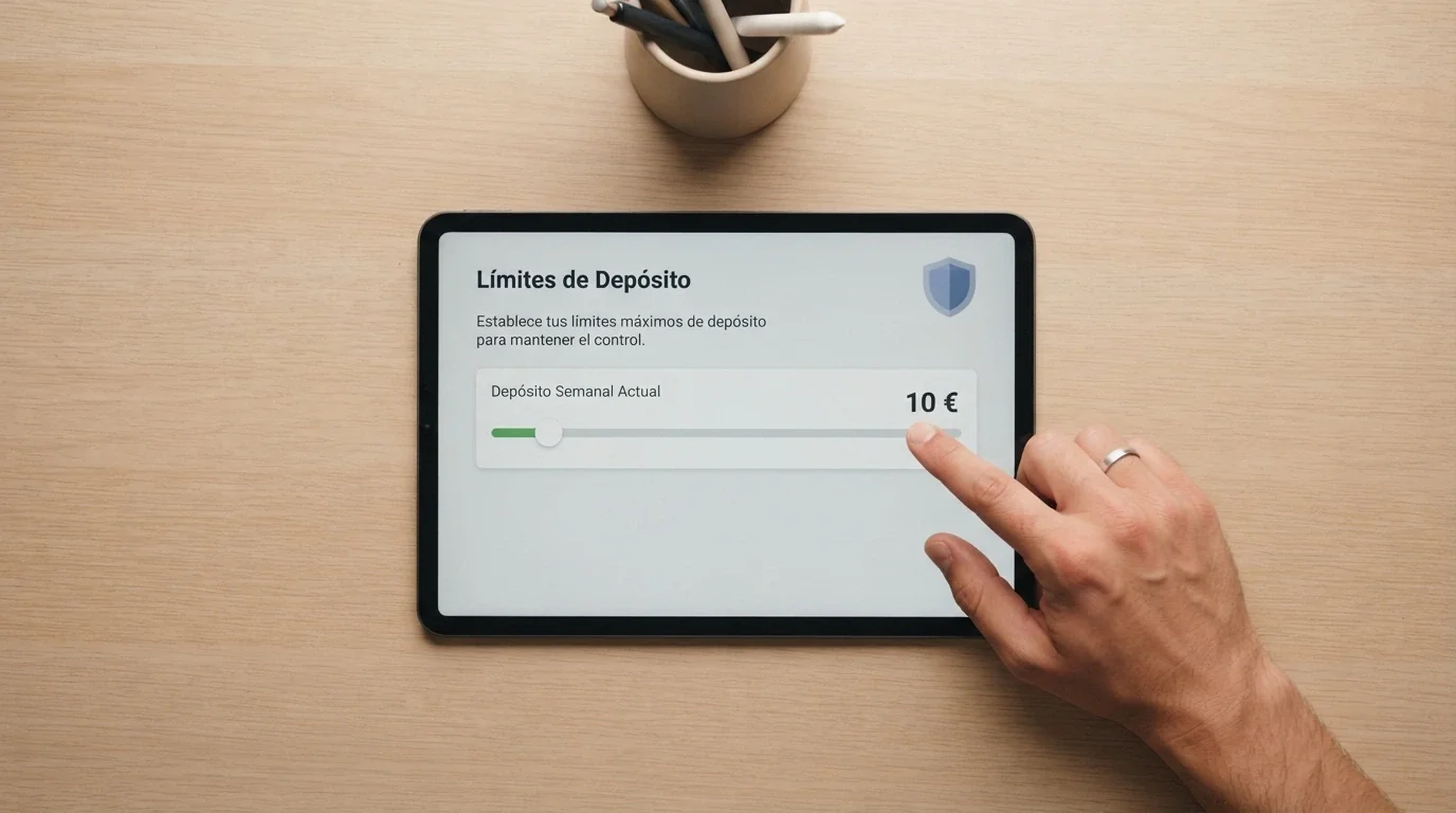 Pantalla de configuración de límites de depósito en un casino online: el cursor del ratón señala el deslizador de «límite diario» bajándolo a 10 €, con el logo del RGIAJ visible en la esquina