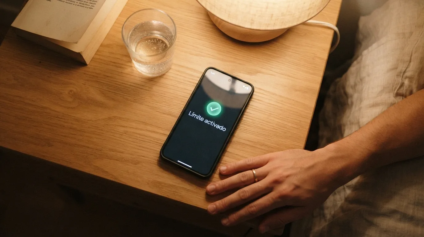 Pantalla de móvil mostrando la app Stop Juego junto a un mensaje de límite de depósito