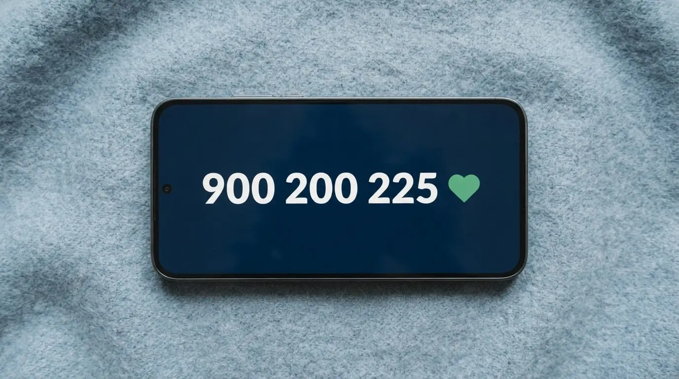 Un teléfono móvil con el número 900 200 225 en la pantalla y un corazón verde junto al auricular, sobre un fondo de tonos azules serenos
