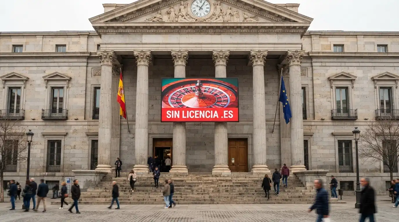 Edificio oficial con la bandera de España y de la UE, y un cartel que dice «sin licencia .es» sobre una pantalla de casino