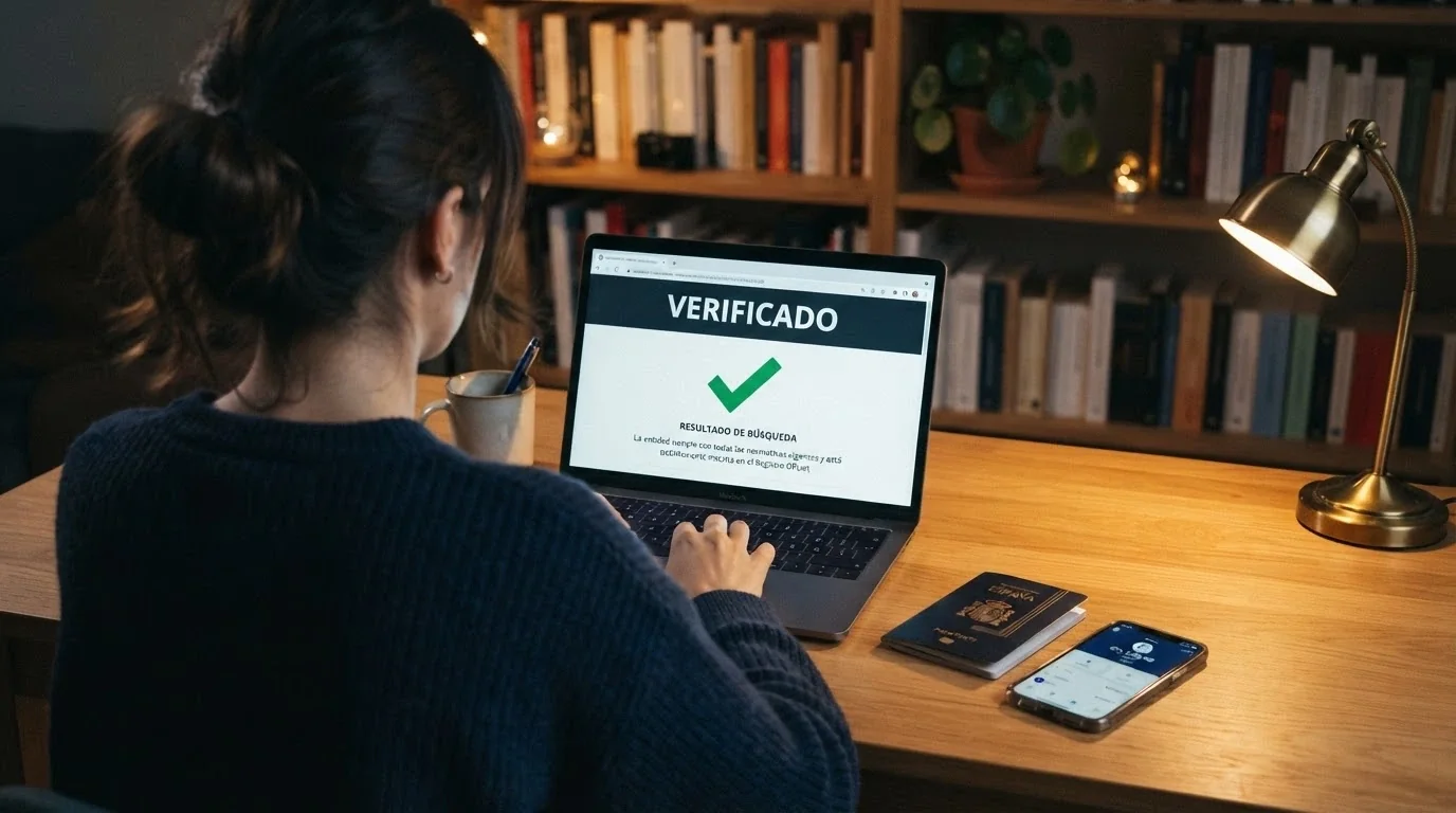 Documento oficial con sellos regulatorios junto a un teclado con el símbolo de TRON