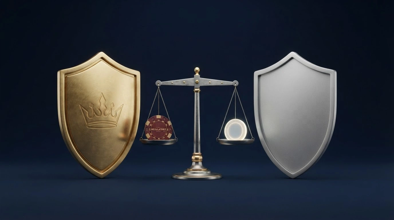 El escudo oficial de la DGOJ junto al sello de una licencia de Curazao, separados por una balanza