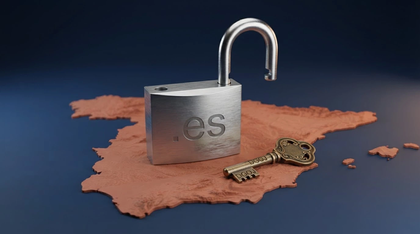 Un candado abierto sobre el mapa de España con la etiqueta «.es» en el cuerpo del candado y las siglas «DGOJ» en la llave