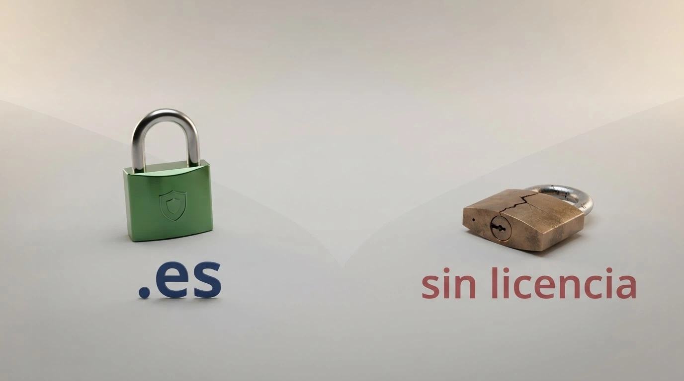Dos caminos que se bifurcan: a la izquierda, un candado verde con el escudo de la DGOJ y la extensión .es; a la derecha, un candado roto sin distintivo oficial y la leyenda «sin licencia en España»