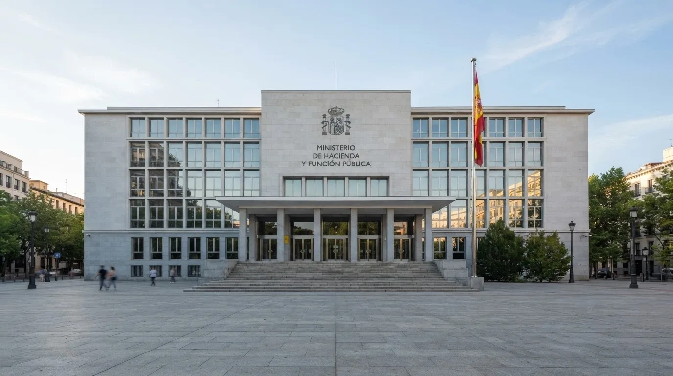 La fachada del Ministerio de Derechos Sociales, Consumo y Agenda 2030 en Madrid, con la bandera de España y el logotipo de la DGOJ visibles en la entrada