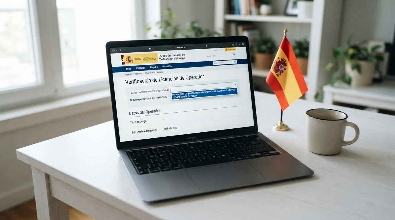 Pantalla del registro público de la DGOJ (ordenacionjuego.es) con el campo de búsqueda y una licencia general desplegada, junto al icono del dominio .es