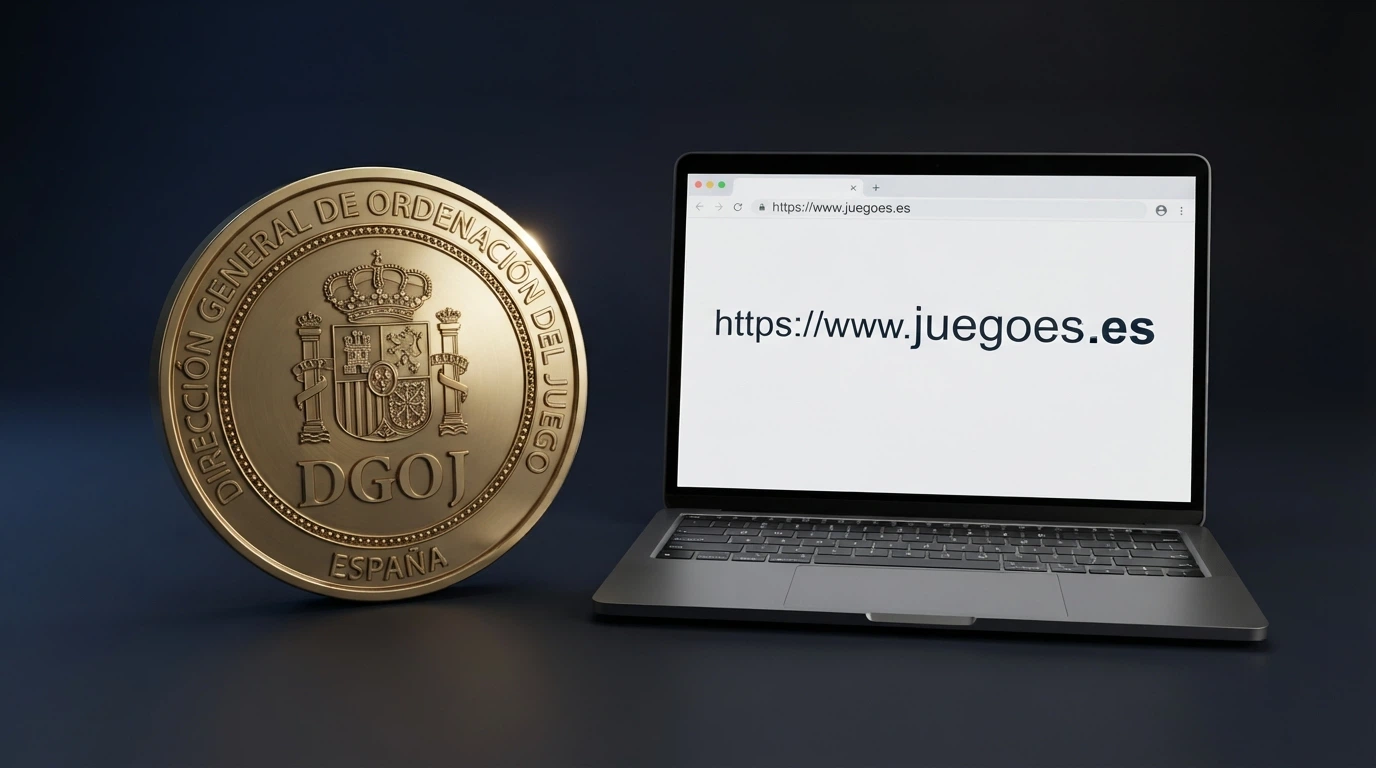 Un sello oficial con el escudo de España y las siglas DGOJ junto a un dominio .es en la barra de un navegador