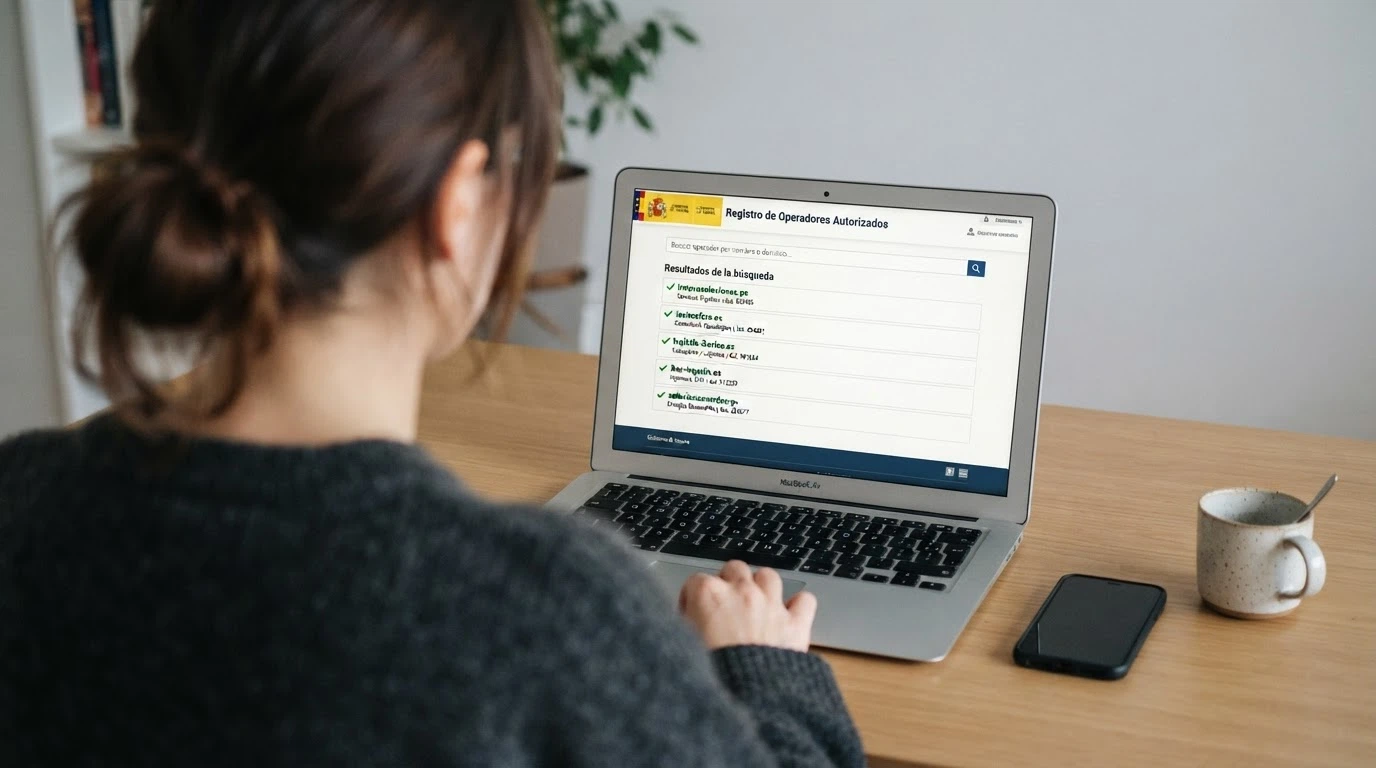Captura de la web de la DGOJ mostrando el buscador de operadores autorizados con el dominio .es y el sello de juego seguro