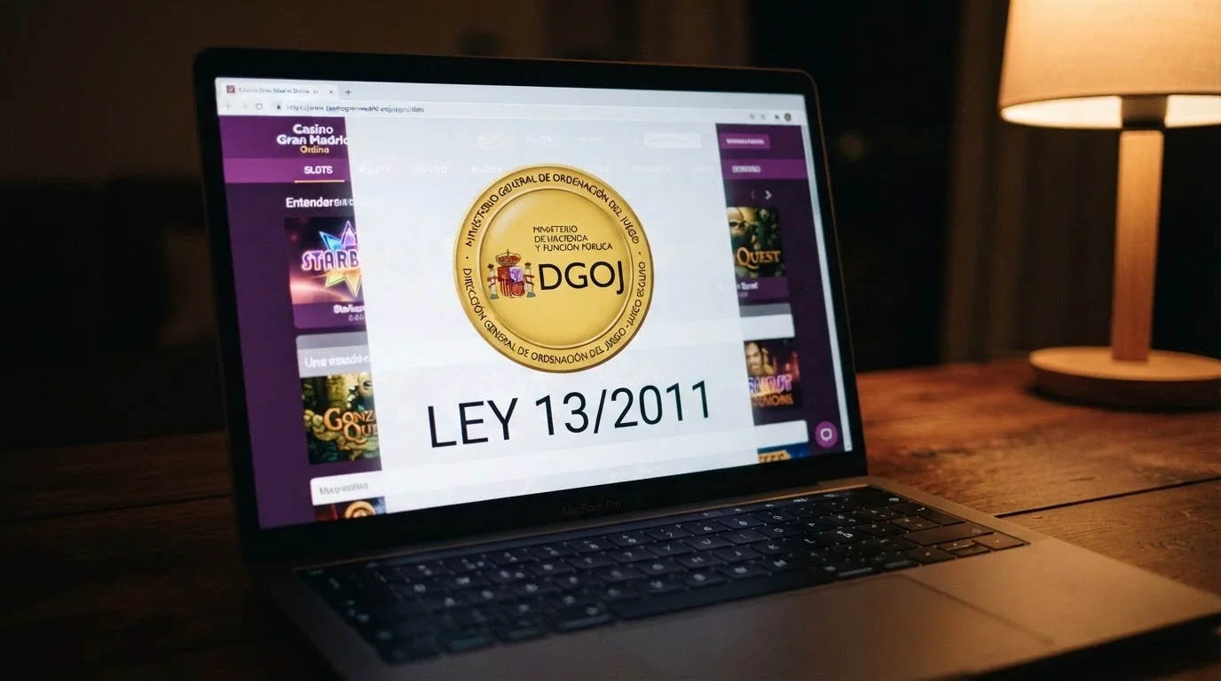 Primer plano del sello de la DGOJ sobre la pantalla de un casino con dominio .es, junto al texto de la Ley 13/2011