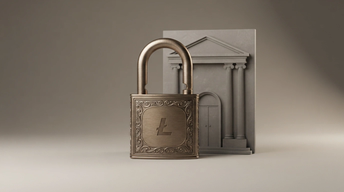 Fachada institucional con el logo de la DGOJ y un candado abierto sobre el símbolo de Litecoin