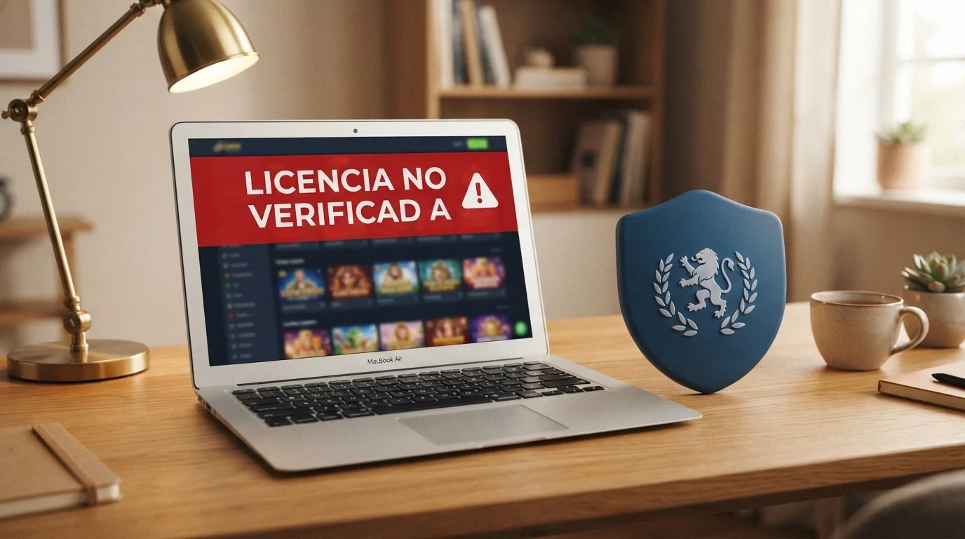 Documento oficial con sellos de una autoridad reguladora junto a una pantalla con el mensaje «licencia no verificada en DGOJ»