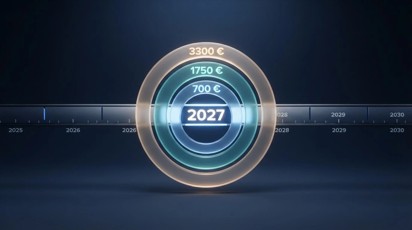 Un calendario que muestra marzo de 2027 rodeado de tres anillos concéntricos con las cifras 700€, 1.750€ y 3.300€