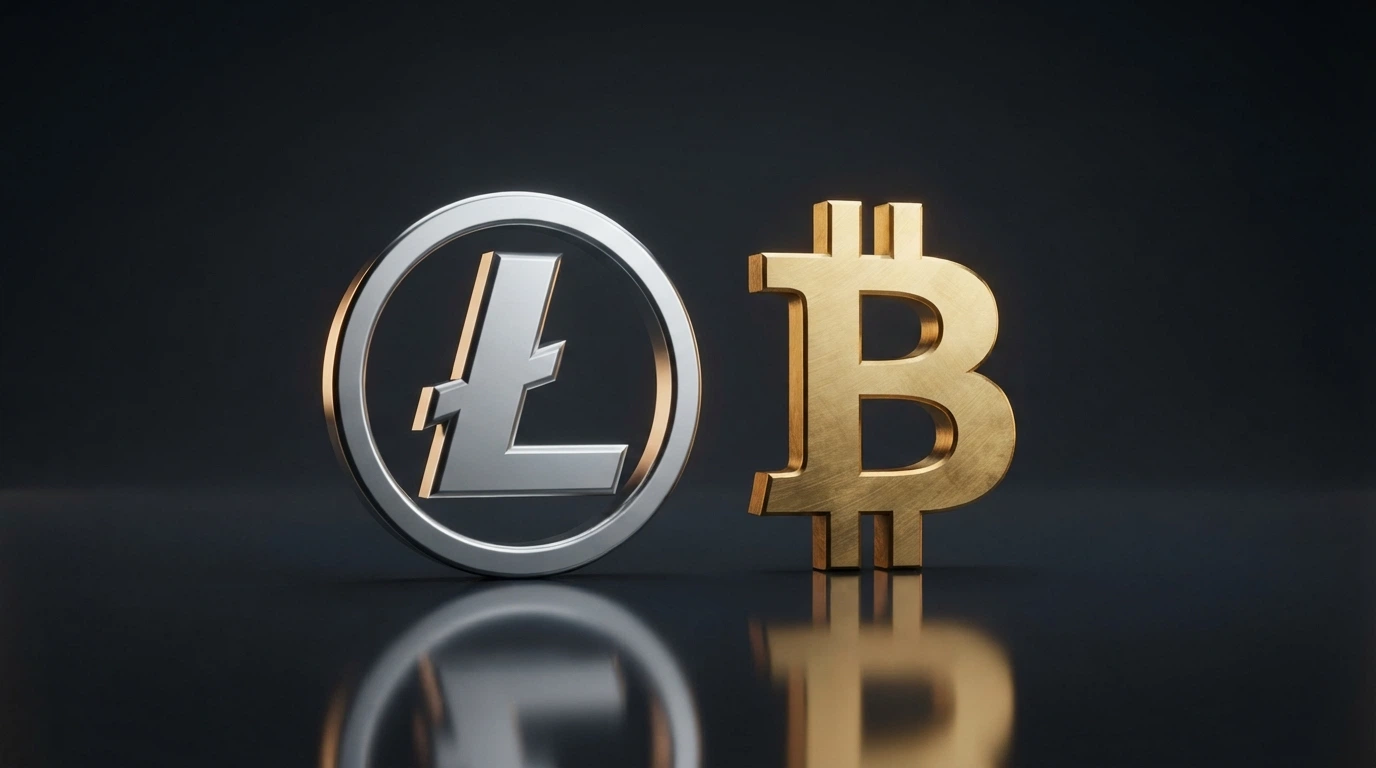Comparativa visual de las dos criptomonedas: el logo de Litecoin junto al de Bitcoin, con etiquetas de velocidad y comisiones