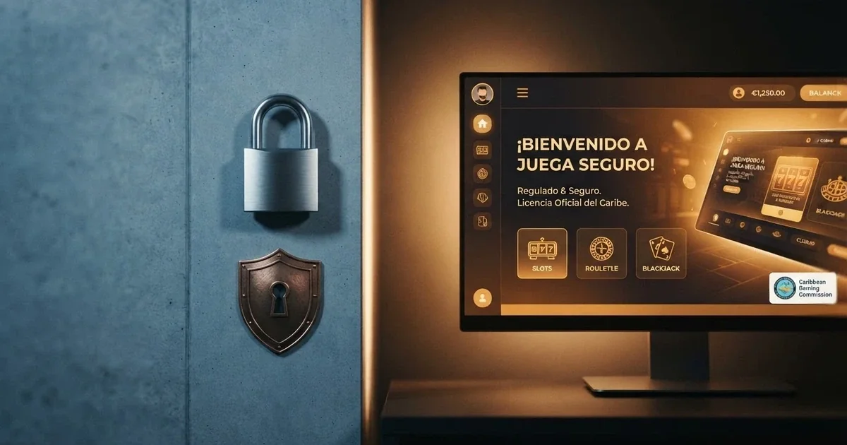 Pantalla dividida: a un lado el logo de la DGOJ con un candado cerrado sobre fondo azul institucional, al otro una fachada de casino online con interfaz en español y el texto «Licencia de Curazao» visible