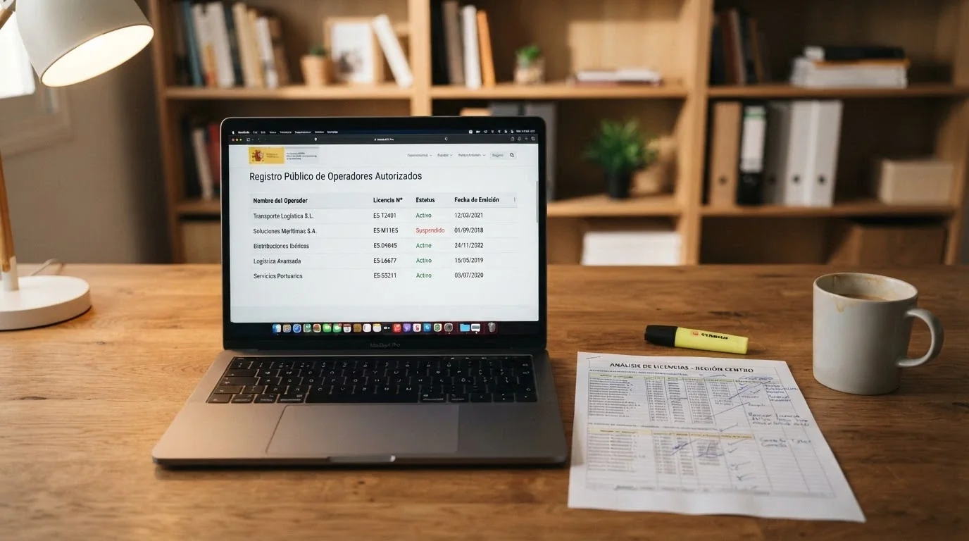 Escritorio con el registro público de la DGOJ en pantalla junto a notas de evaluación de casinos