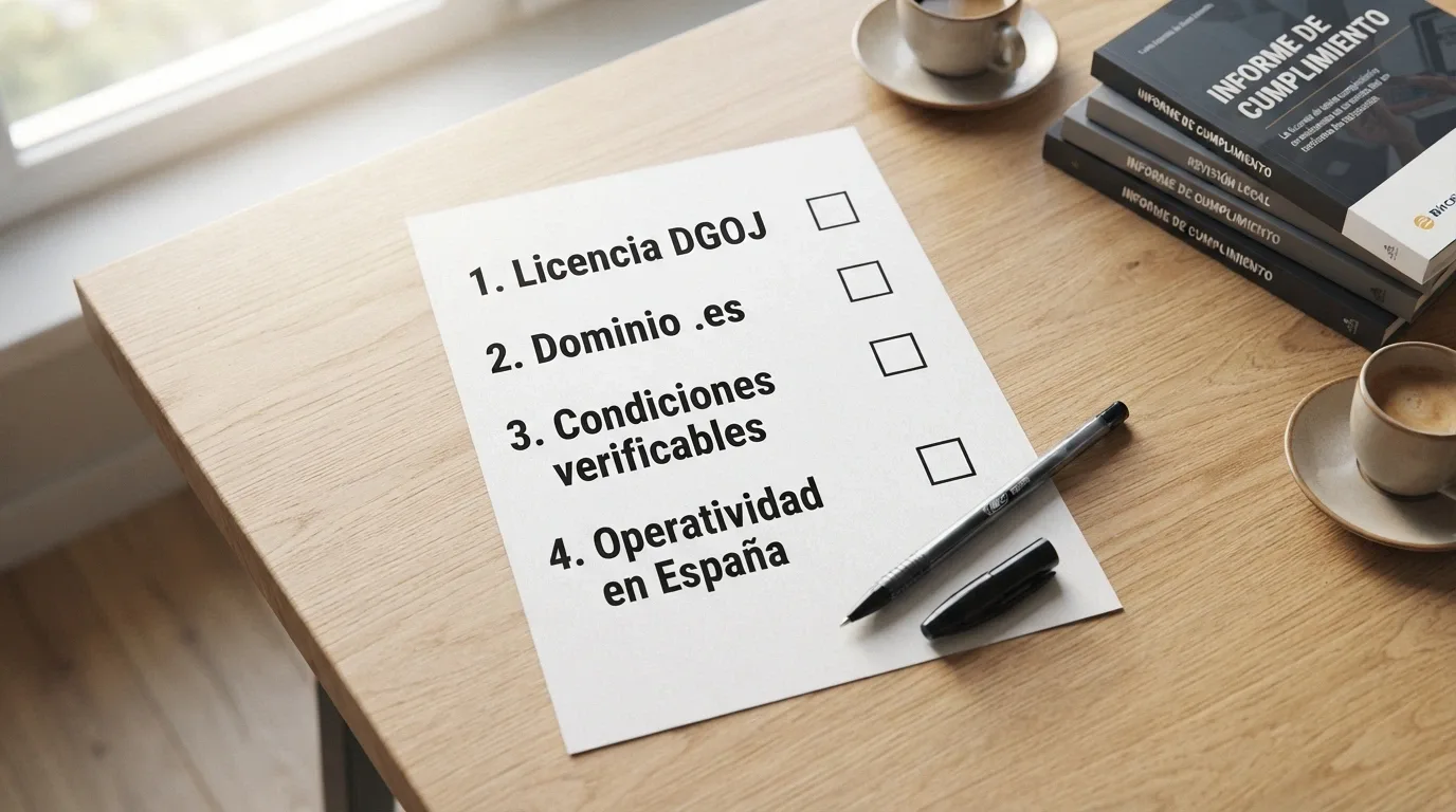 Lista de comprobación sobre una mesa con los criterios de evaluación: licencia DGOJ, dominio .es, condiciones verificables y operatividad en España