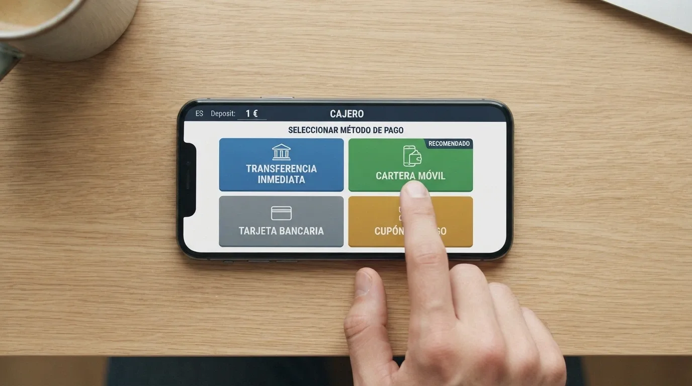 Primer plano de un teléfono mostrando la pantalla de selección de método de pago en un casino online: Bizum, tarjeta, PayPal, Paysafecard, con el importe de 1 € ya escrito en el campo de depósito