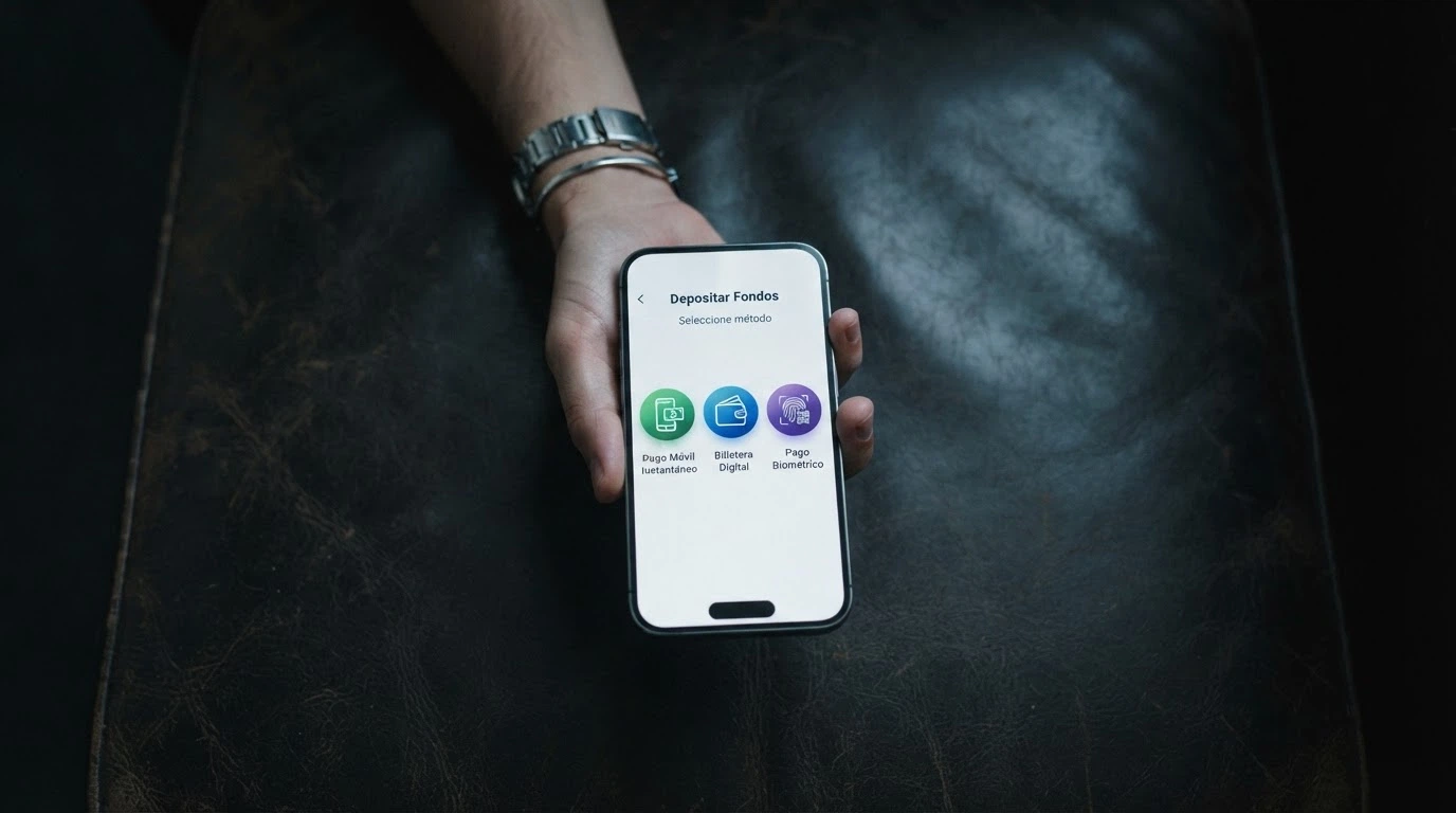 Una mano sosteniendo un teléfono con la pantalla de depósito de un casino abierta, donde se ven los iconos de Bizum, PayPal y Apple Pay como opciones disponibles