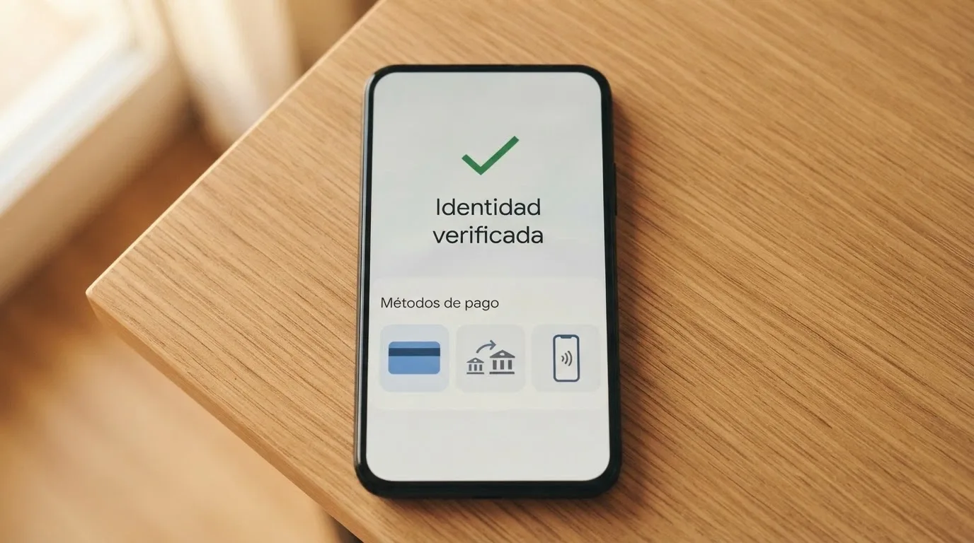 Teléfono móvil mostrando la pantalla de verificación de identidad de un casino online junto a métodos de pago