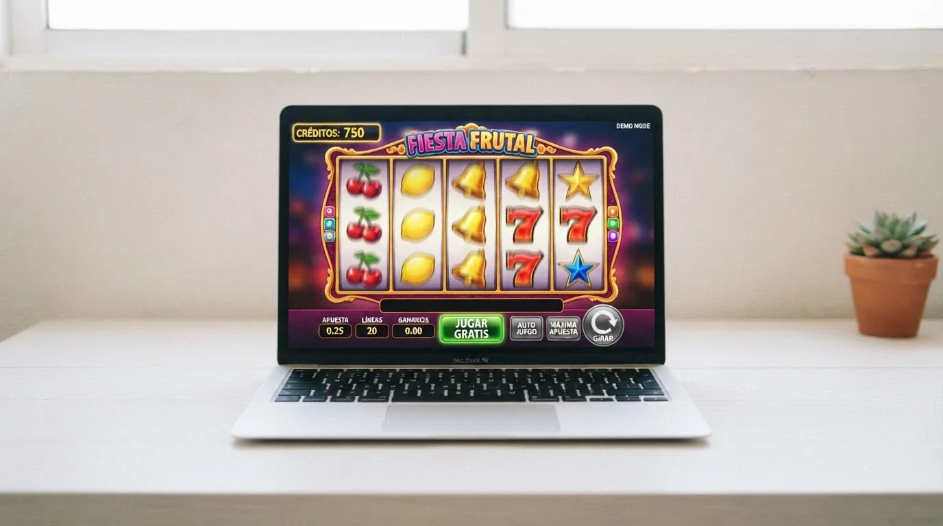 Pantalla de ordenador con una tragaperras en modo demo, el botón «jugar gratis» iluminado y el contador de saldo ficticio visible, sin ningún campo de datos personales a la vista