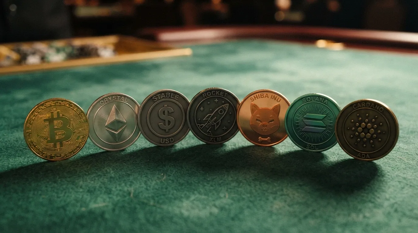 Siete monedas digitales (BTC, ETH, USDT, LTC, DOGE, SOL, BNB) sobre una mesa de casino verde