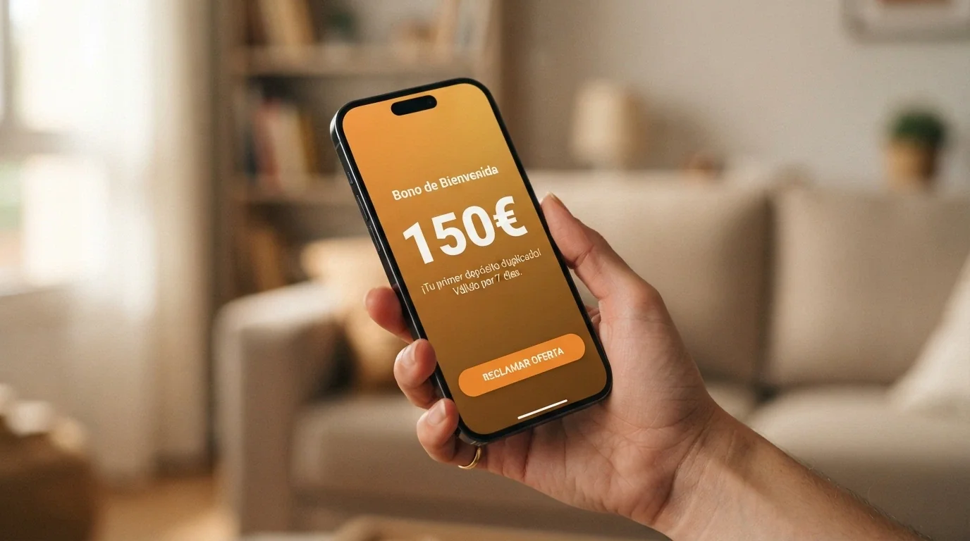 Pantalla de promoción de bienvenida de un casino online español con el importe del bono y las condiciones destacadas