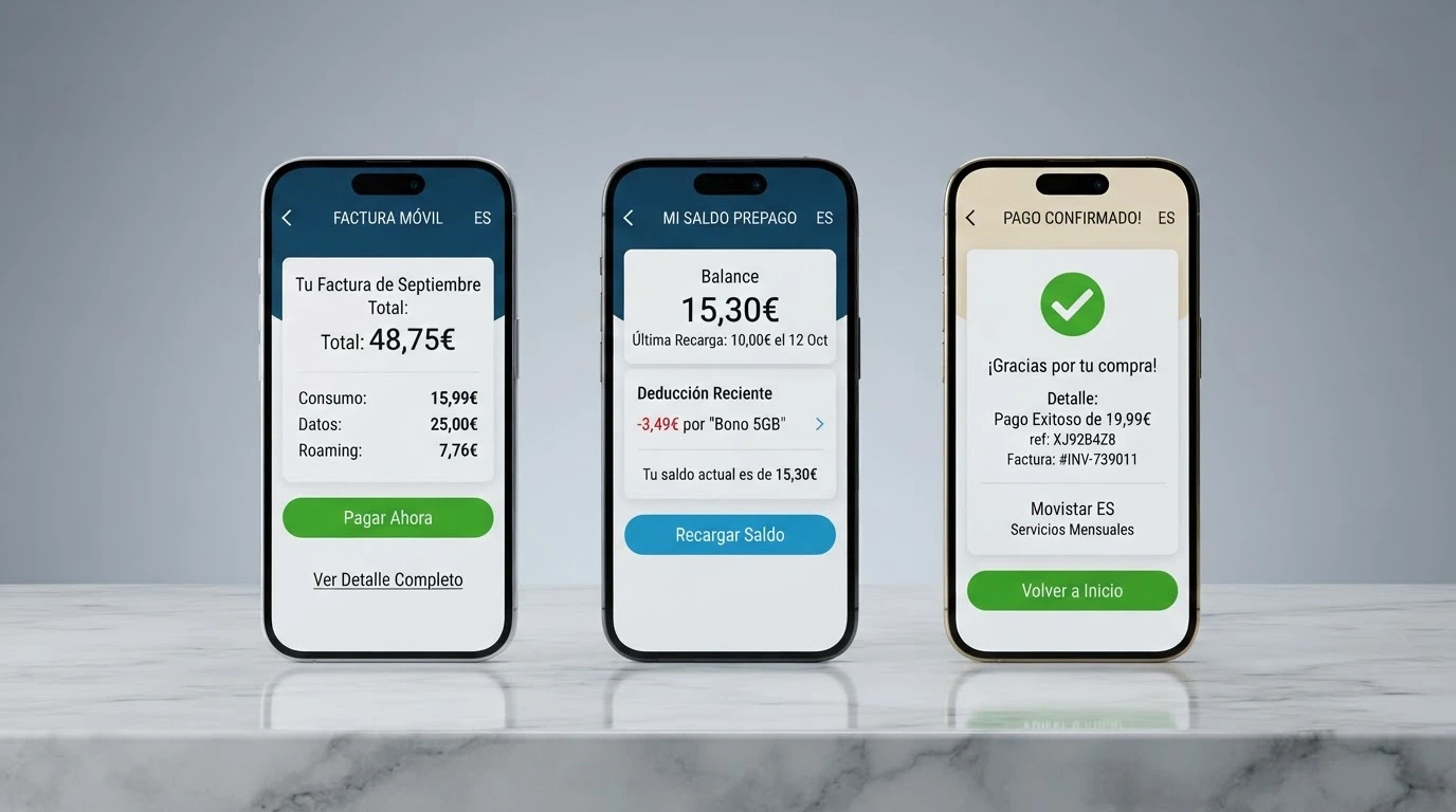 Los logotipos de Movistar, Vodafone y Orange sobre un fondo con iconos de pago móvil