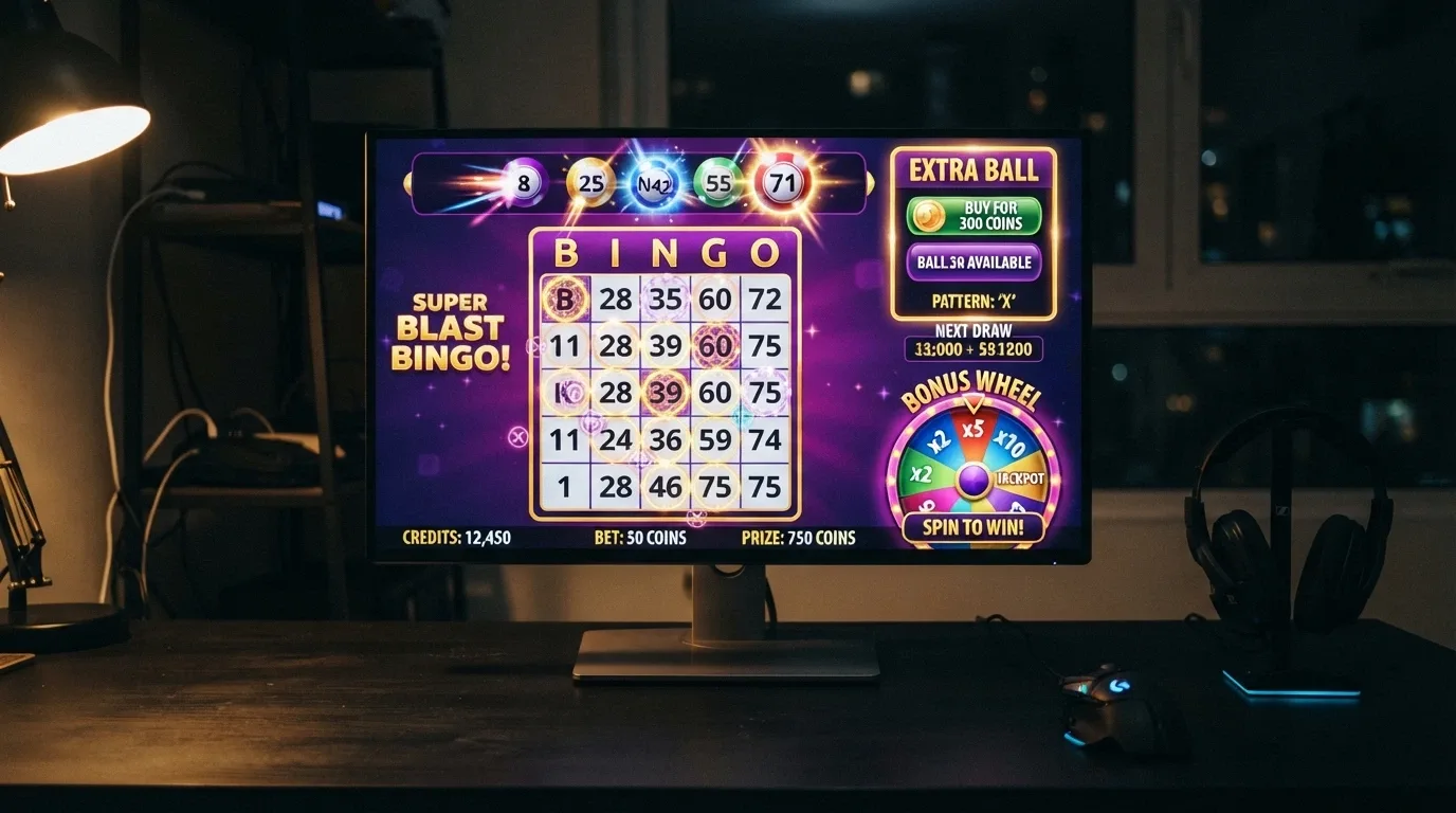 Juego de video bingo con animaciones en pantalla, el panel de bolas extra y un mini-juego activo durante la partida