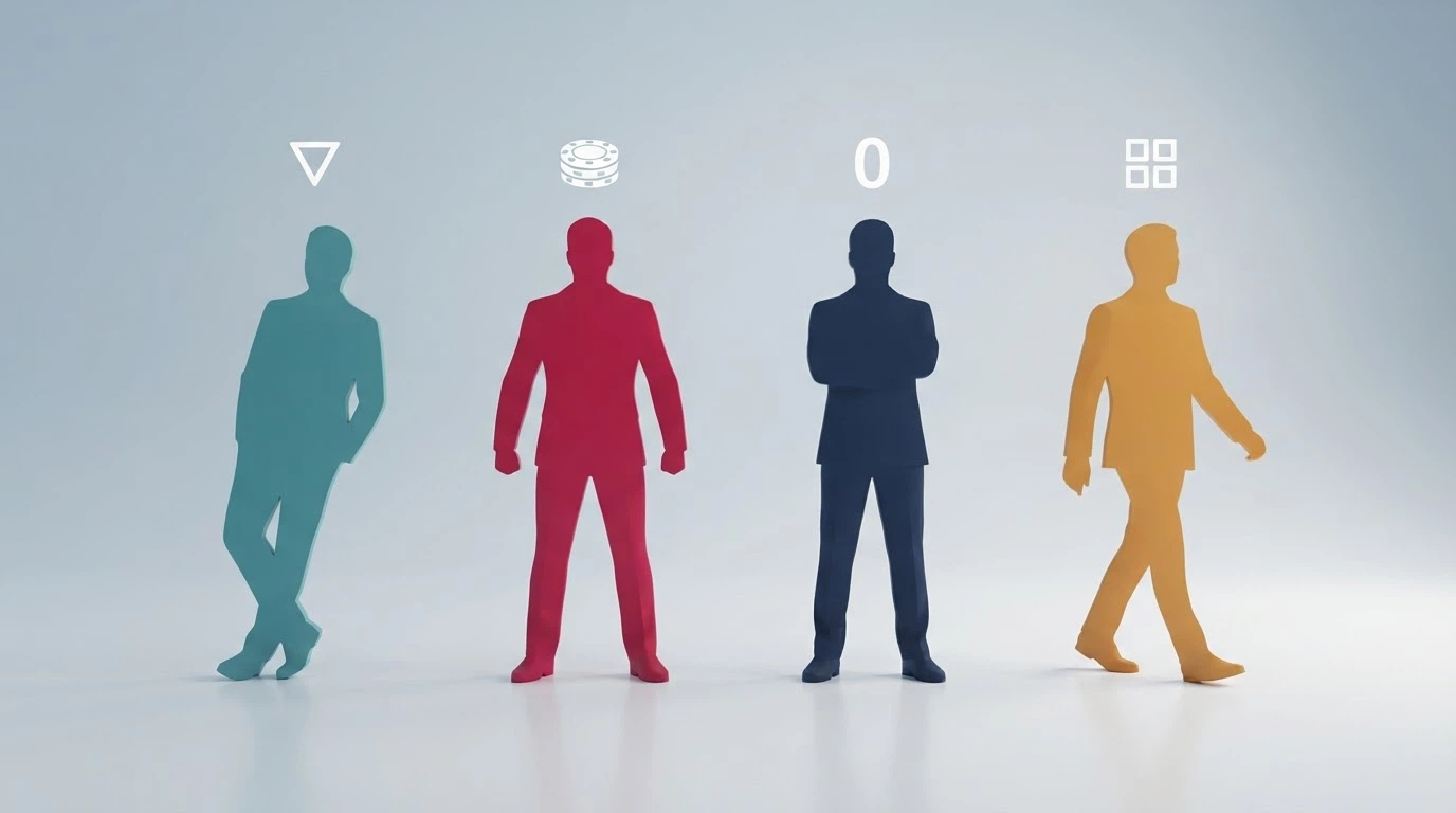 Cuatro siluetas de jugadores con distintos estilos: uno relajado (rollover bajo), uno ambicioso (bono alto), uno calculador (sin rollover) y uno versátil (elige el juego), cada uno con un icono de bono diferente