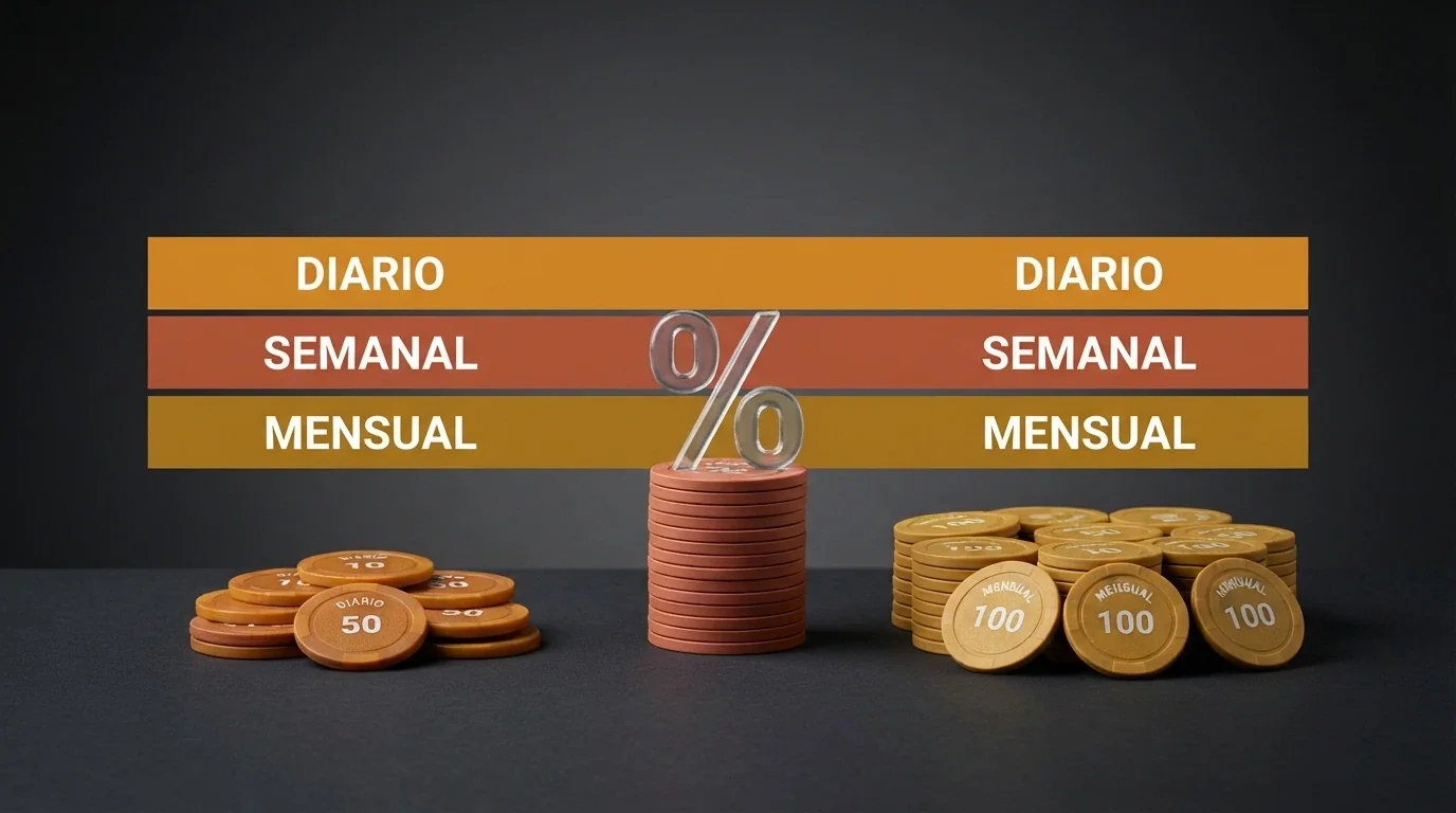 Calendario con tres franjas marcadas — diaria, semanal y mensual — junto a fichas de casino y un porcentaje de devolución