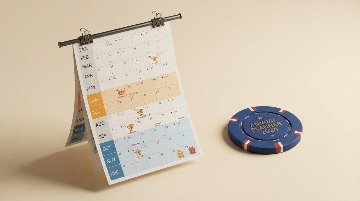 Calendario con iconos de regalo, copa de torneo y tiradas gratis sobre un fondo de casino online