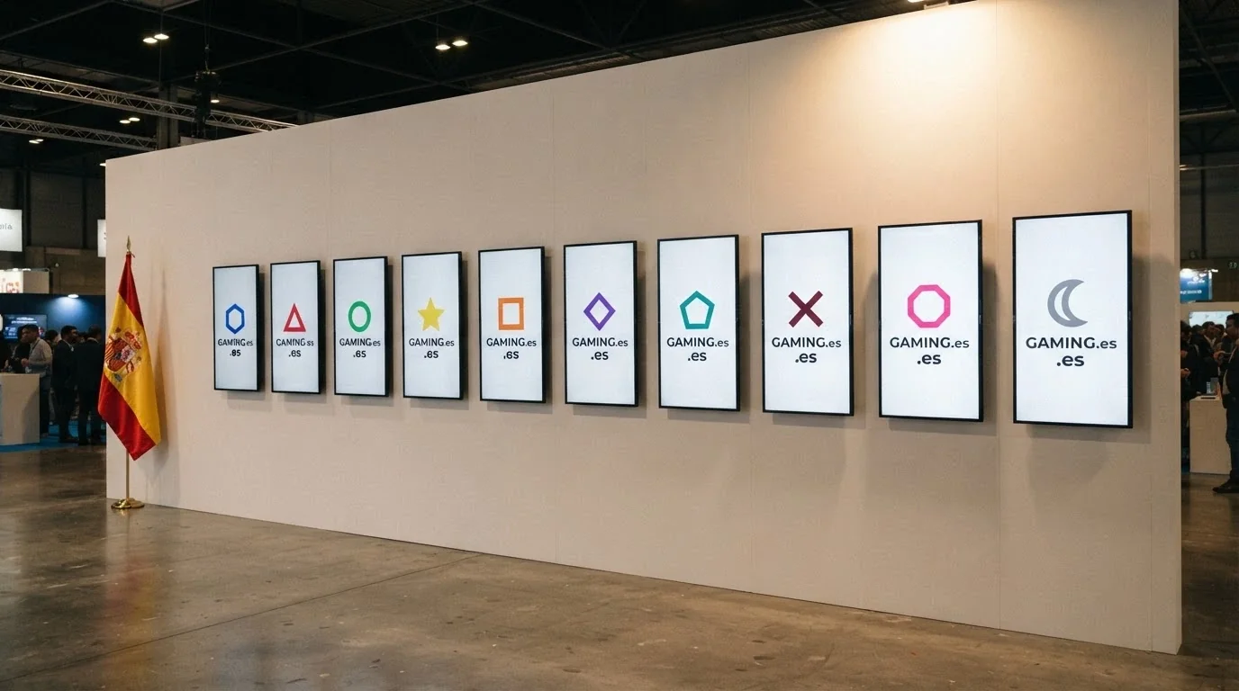 Una fila de logotipos de casino con el dominio .es visible en cada uno, ordenados sobre un fondo limpio con la bandera de España en un lateral