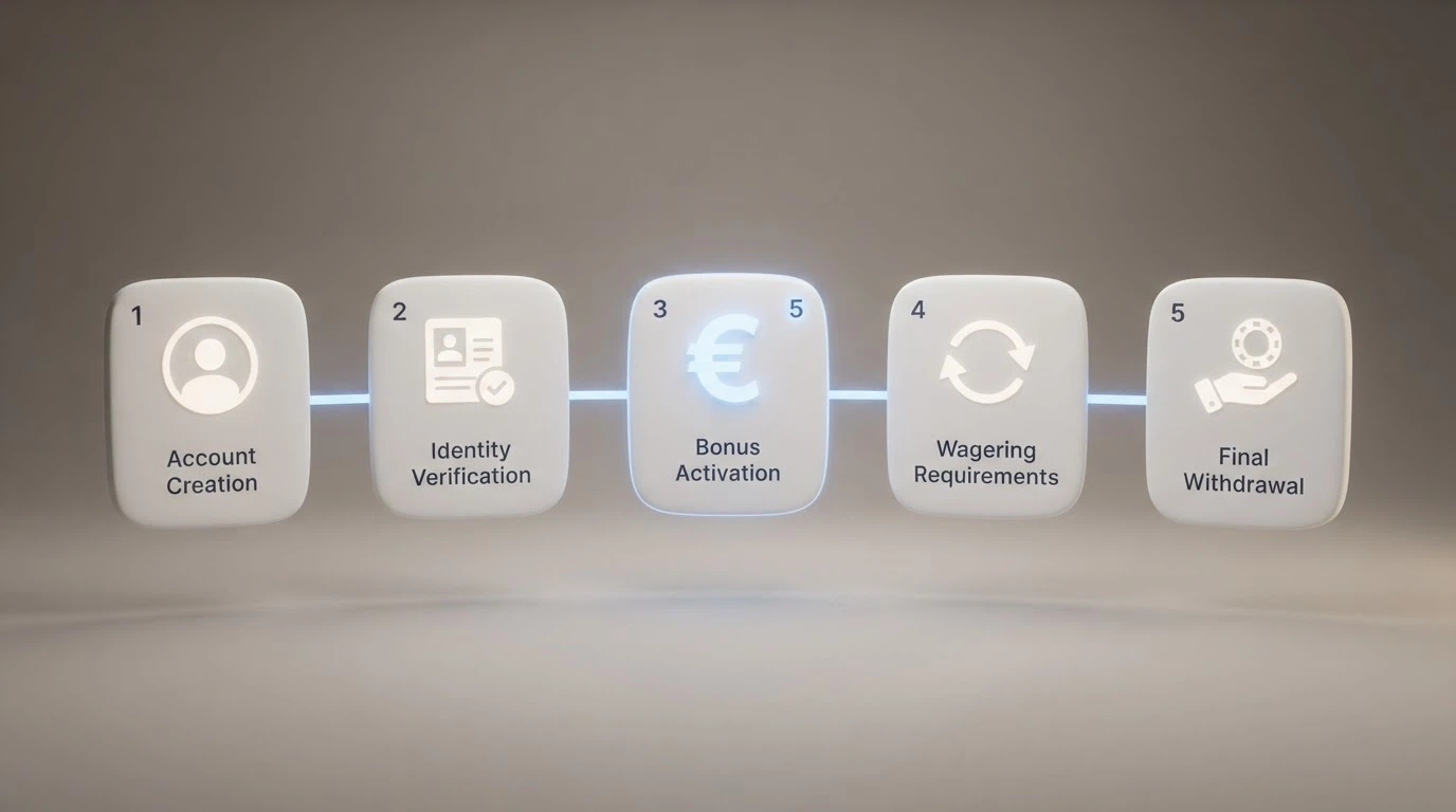 Esquema visual de cinco pasos: registro, verificación KYC, acreditación del bono de 5 €, requisito de apuesta y retiro del saldo restante