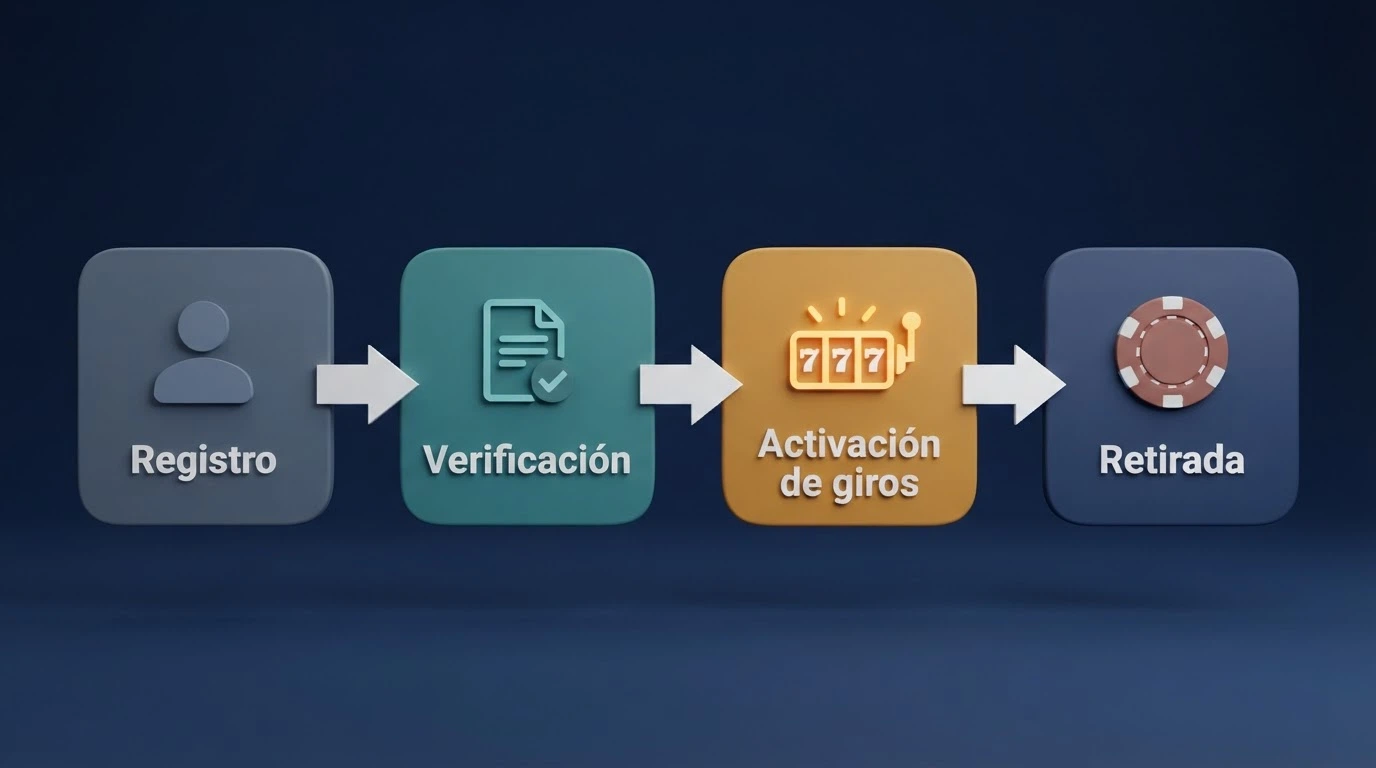 Infografía lineal con cuatro pasos: registro, verificación, activación de giros y retirada, cada uno con un icono y una flecha