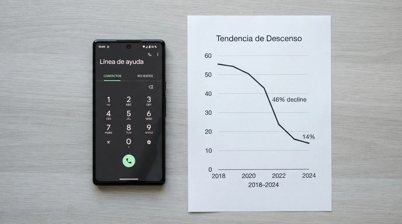 Un teléfono móvil con el icono de llamada y el texto «Línea de ayuda» junto a un gráfico descendente que muestra la caída del 46% en prevalencia de juego problemático desde 2018