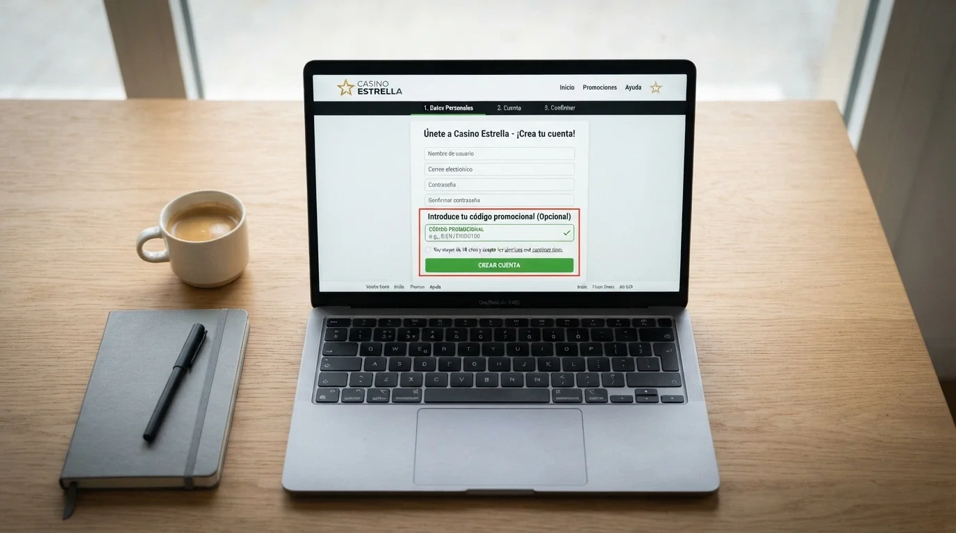 Formulario de registro de un casino online español con el campo de código promocional ampliado y el botón de crear cuenta