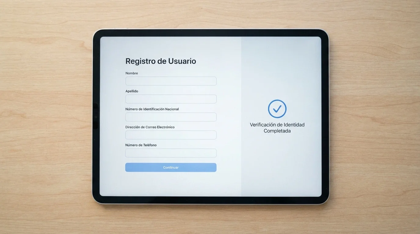 Interfaz de registro de un casino online español con los campos de nombre, DNI y correo electrónico, junto al icono de verificación KYC