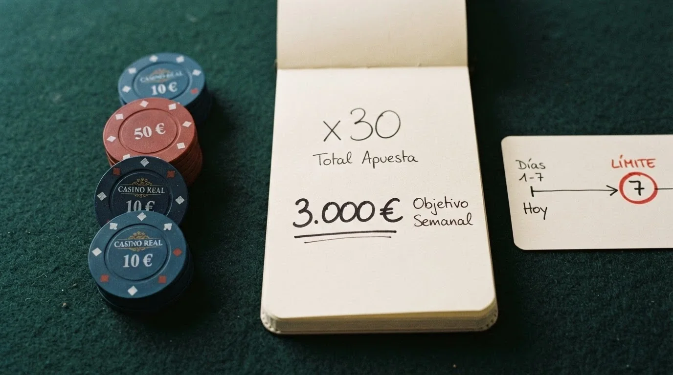 Representación visual de un requisito de apuesta: fichas de casino apiladas junto a un multiplicador x30 y un calendario marcando 7 días
