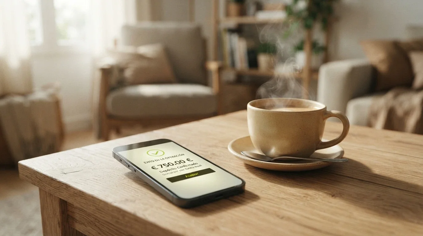 Imagen conceptual: un iPhone apoyado junto a una taza de café, con la pantalla mostrando la página de depósito completado de un casino .es