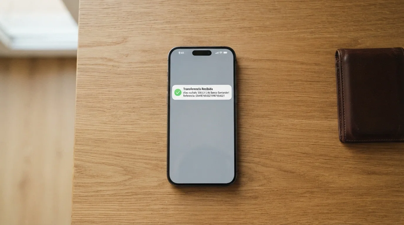 Un teléfono con la notificación de una transferencia bancaria entrante desde un operador de casino con licencia DGOJ