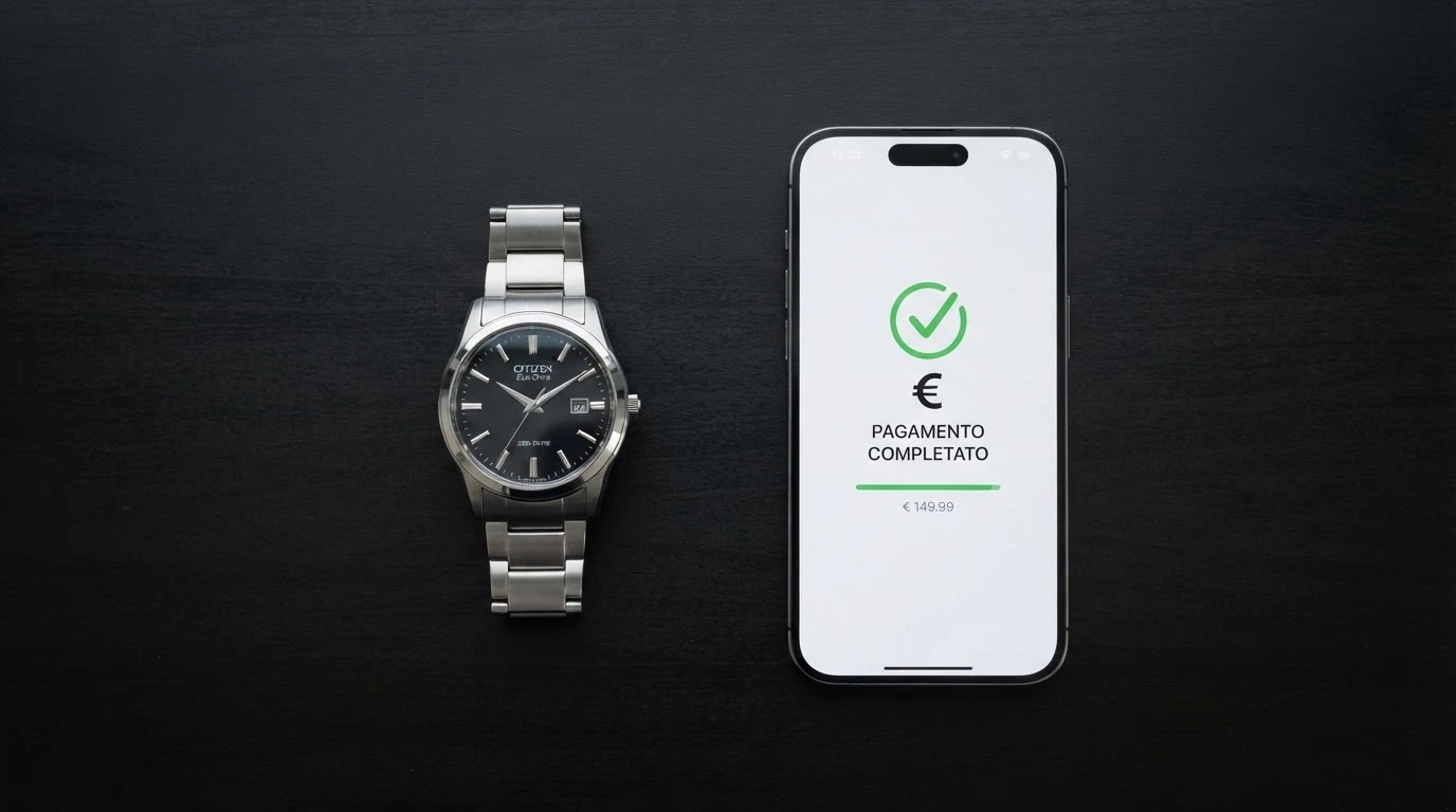 Un reloj marcando segundos junto a una wallet digital con una transacción en progreso