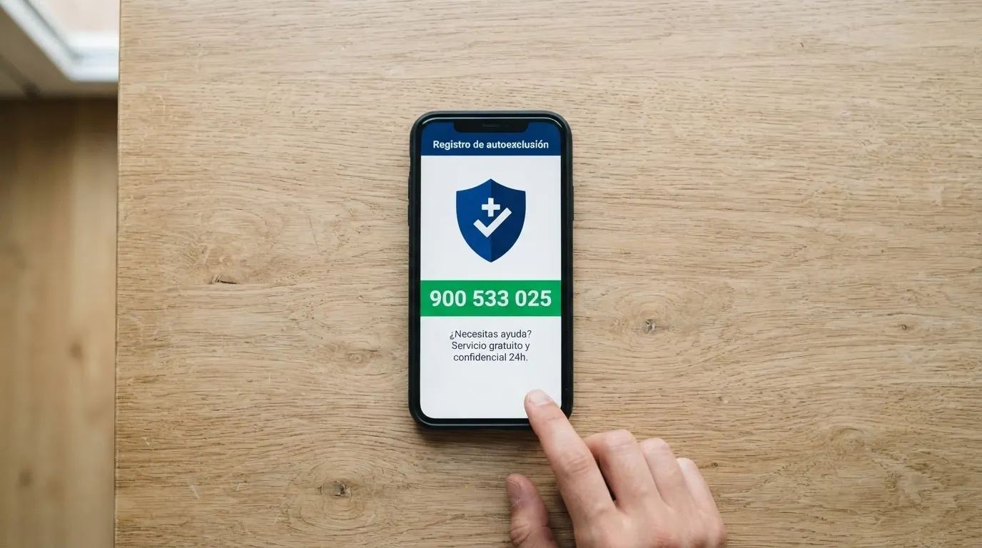 Interfaz del portal de juego responsable de la DGOJ con el acceso al RGIAJ destacado junto a un teléfono móvil mostrando el 900 533 025