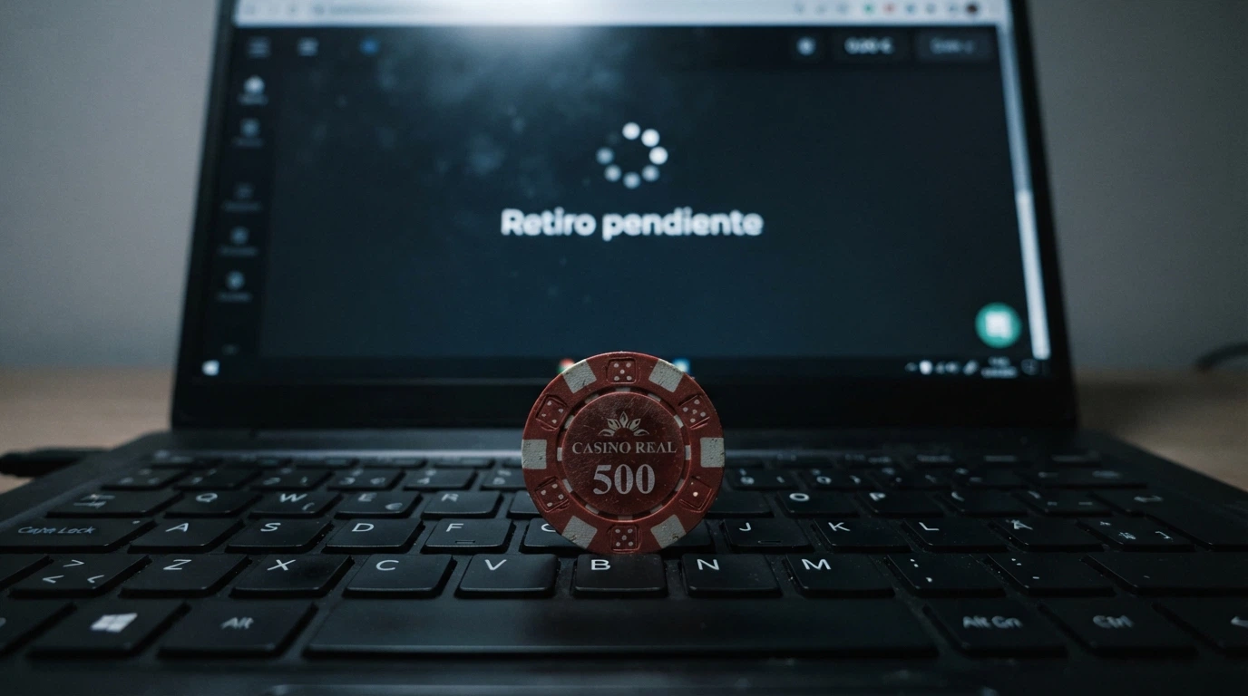 Un billete de 50 euros sobre un teclado, con una pantalla de ordenador al fondo que muestra el mensaje «Retiro pendiente» sin fecha de procesamiento